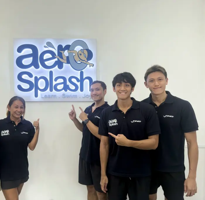 (from left) Celeste Beh, Allen Ong, Chan Jun Jian and Terence Ng came together to set up AeroSplash Swim Academy.